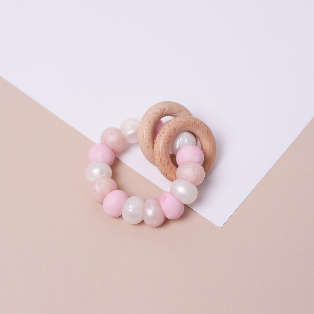 Silicone and Beechwood Teether - Pink & Pearl