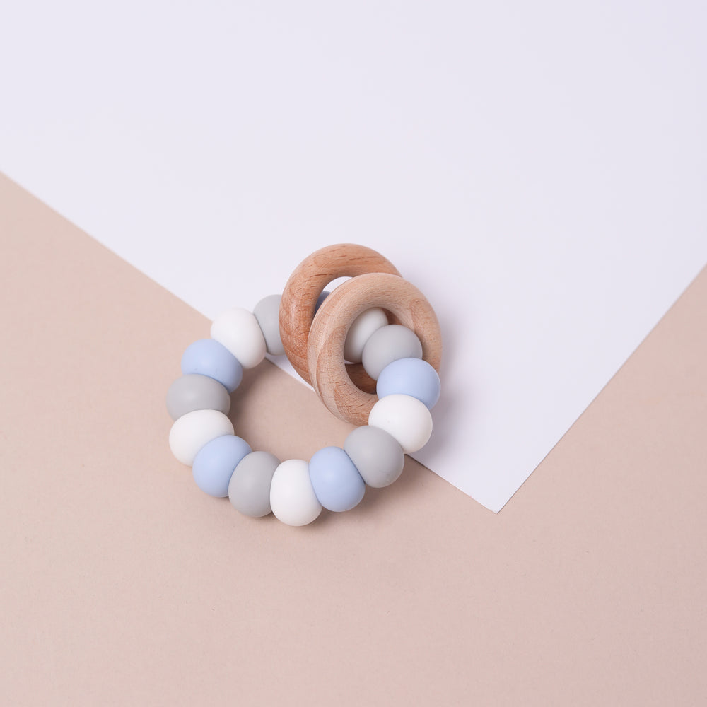 Silicone and Beechwood Teether - Blue and White