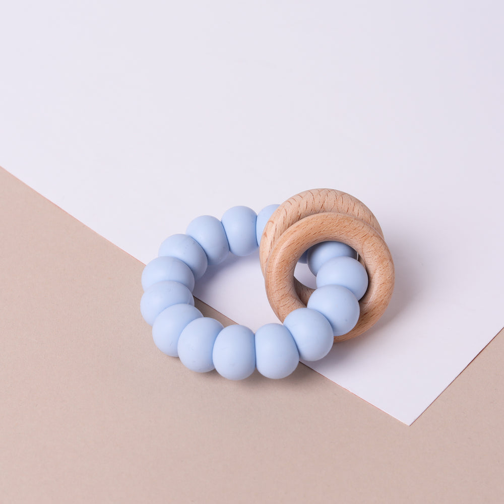 Silicone and Beechwood Teether - Baby Blue