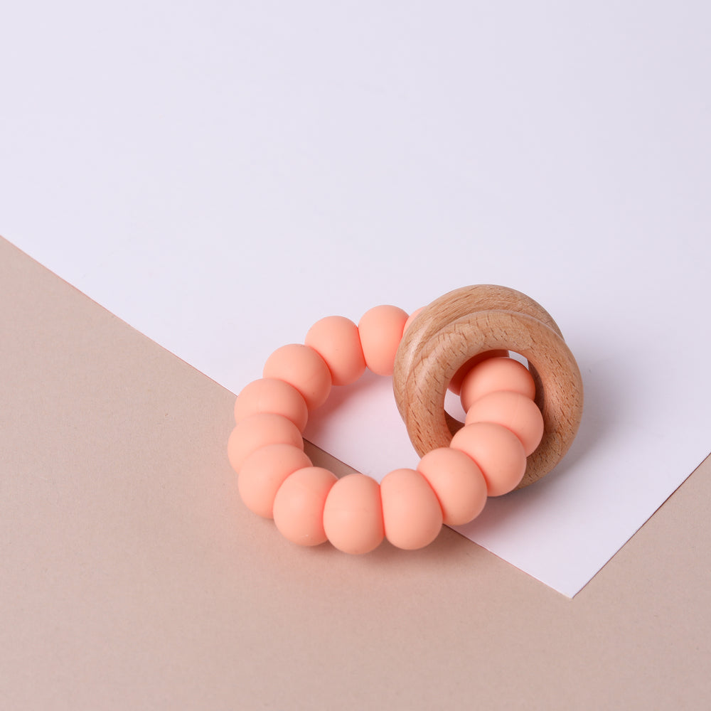 Silicone and Beechwood Teether - Peach