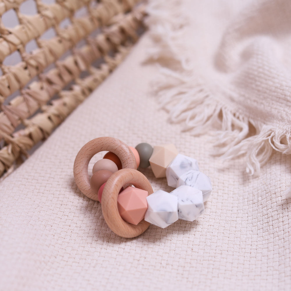 Icosahedron & Beech Wood Teether - Pink Rainbow