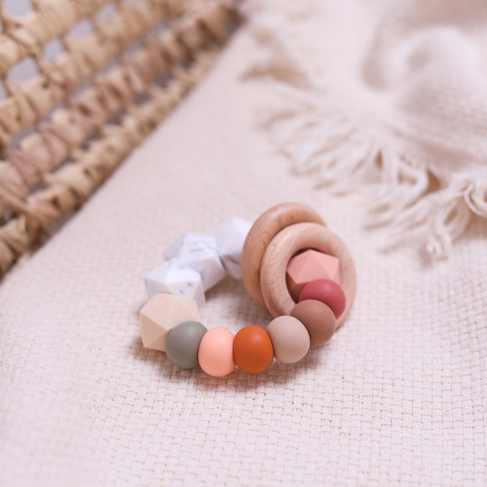 Icosahedron & Beech Wood Teether - Pink Rainbow